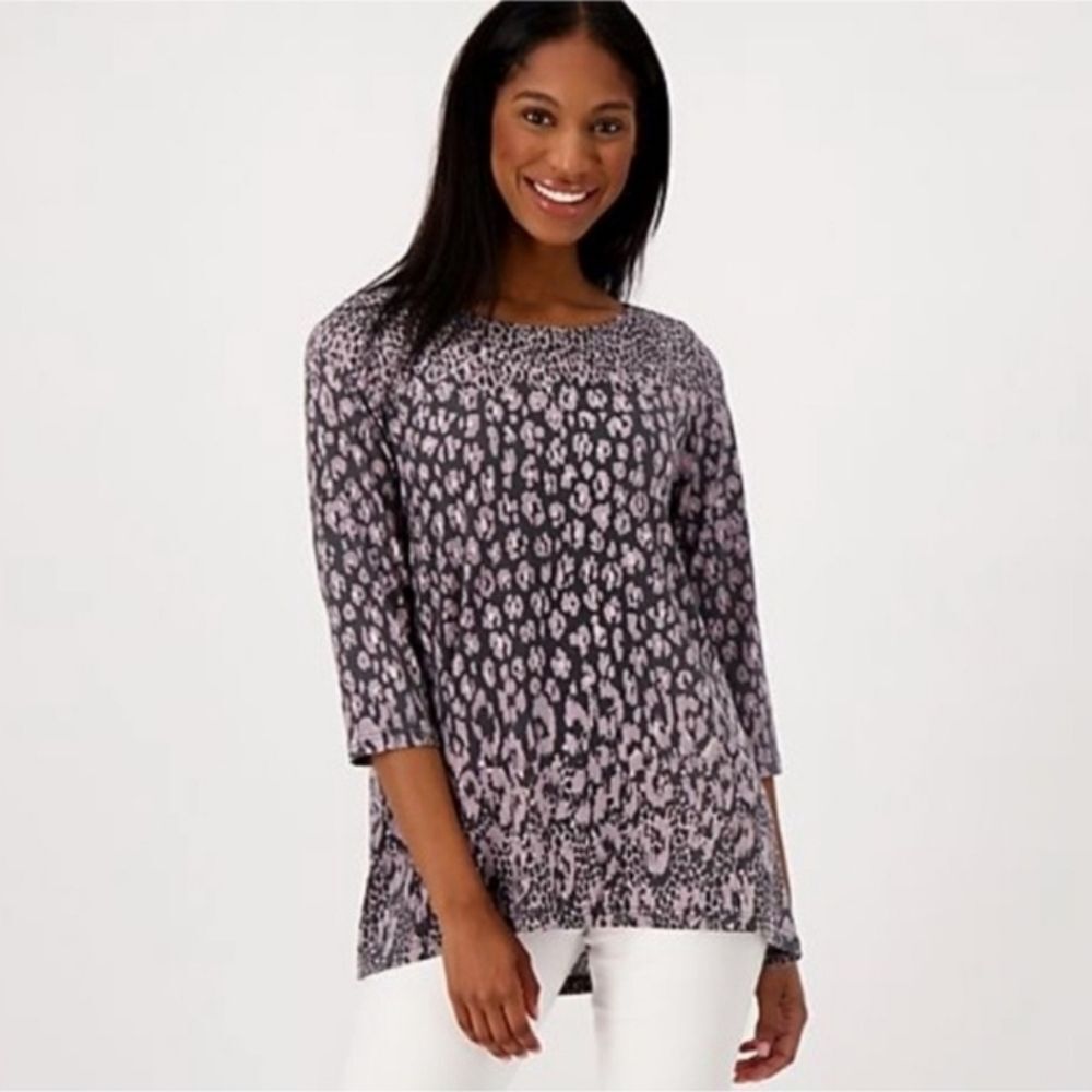 Hi-Low Purple Animal Print Slinky Knit Tunic Top Belle by Kim Gravel 1X